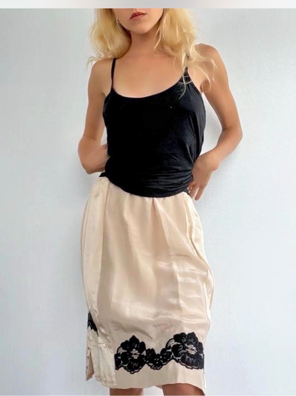 Marc Jacobs Cream Satin Midi Skirt with Black Lace Accent